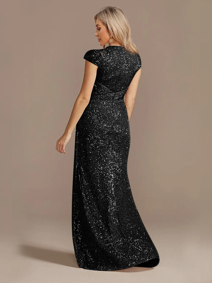 Robe Longue Luxe Bleu Femme 2024 Col V Sequins Élégante Soirée Cocktail Gala