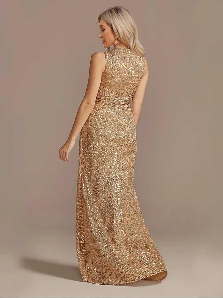 Robe longue luxe femme col V fendue soirée mariage sequins élégante cocktail gala 2024