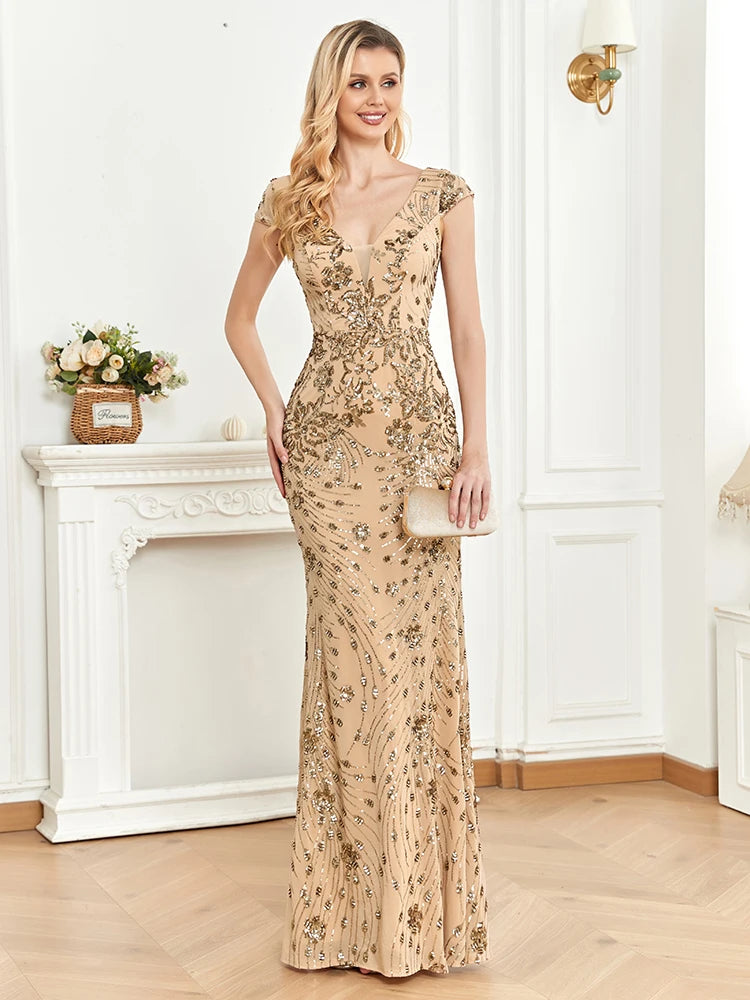 Robe Soirée Élégante Champagne Sequins 2024 Femme Col V Profond Sirène Luxe Mariage Gala