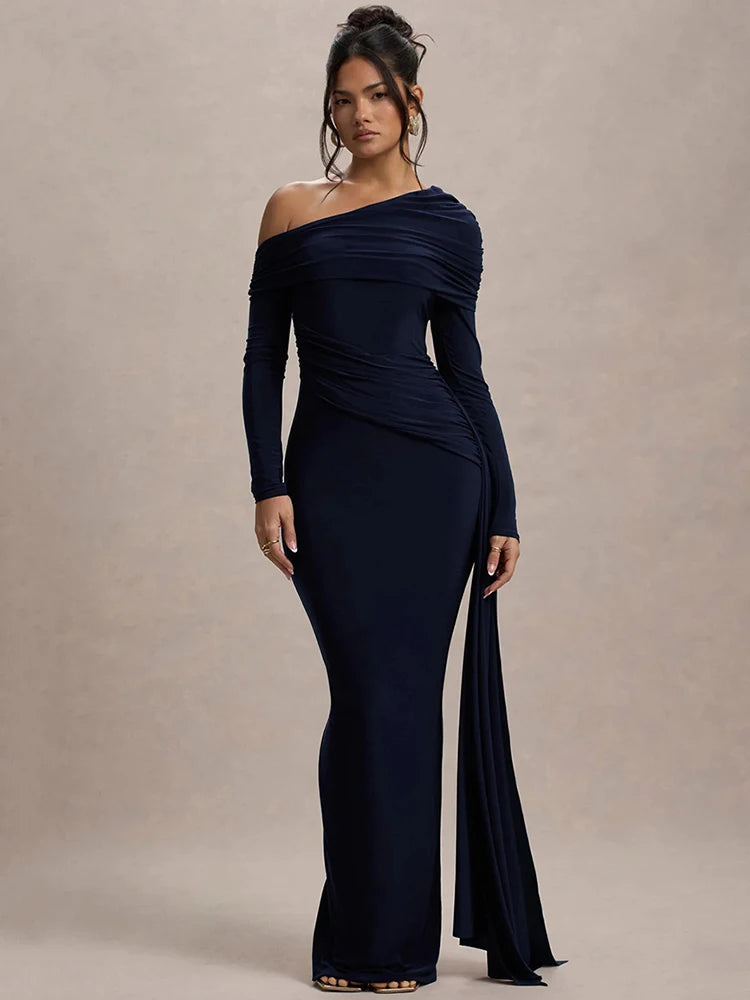 Robe Longue Femme Col Asymétrique Manches Longues Dos Nu Drapée Moulante Élégante Soirée