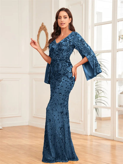 Robe Longue Luxe Champagne Femme 2024 Manches Longues Sirène Sequins Col V Soirée Mariage Gala