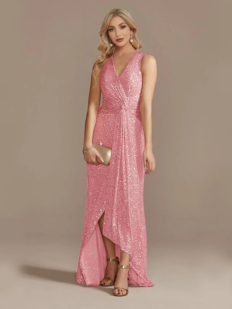 Robe longue luxe femme col V fendue soirée mariage sequins élégante cocktail gala 2024