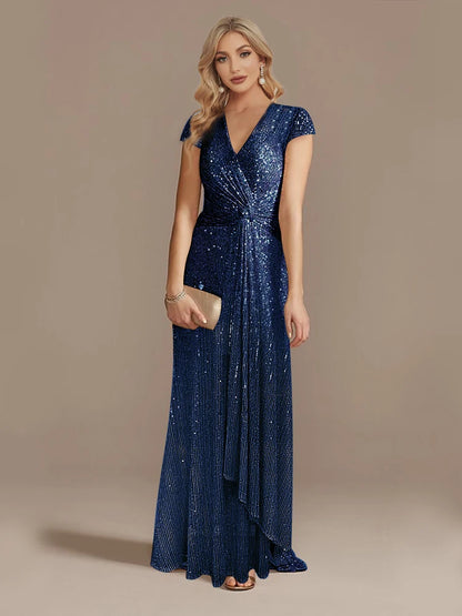 Robe Longue Luxe Bleu Femme 2024 Col V Sequins Élégante Soirée Cocktail Gala