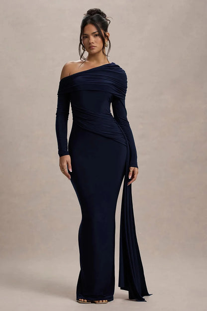 Robe Longue Femme Col Asymétrique Manches Longues Dos Nu Drapée Moulante Élégante Soirée