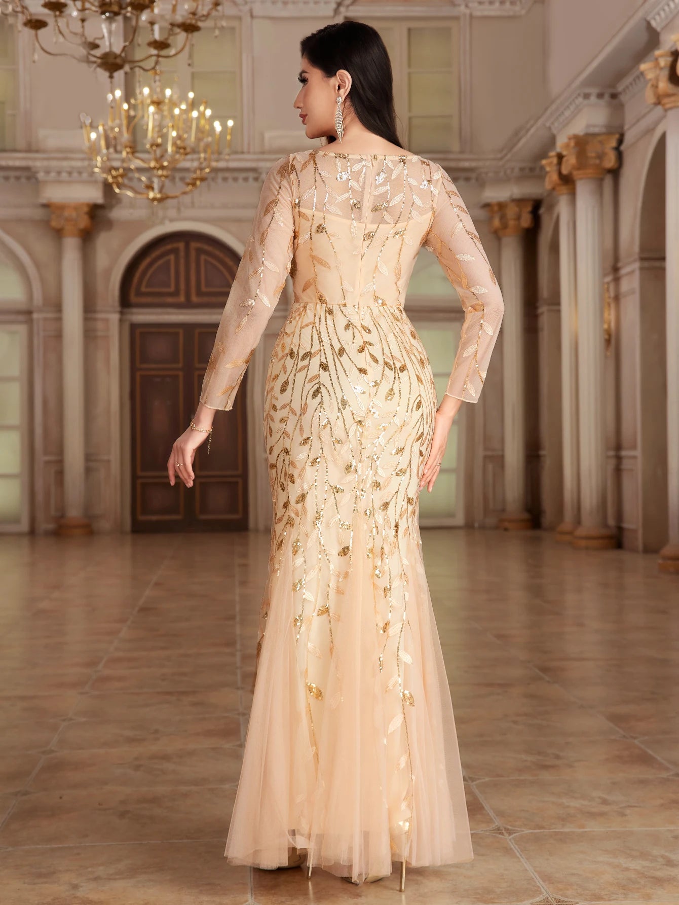 Robe Longue Soirée 2024 Sirène Col Rond Manches Longues Tulle Broderie Élégante Formelle