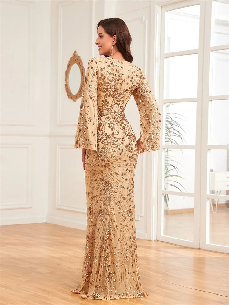 Robe Longue Luxe Champagne Femme 2024 Manches Longues Sirène Sequins Col V Soirée Mariage Gala