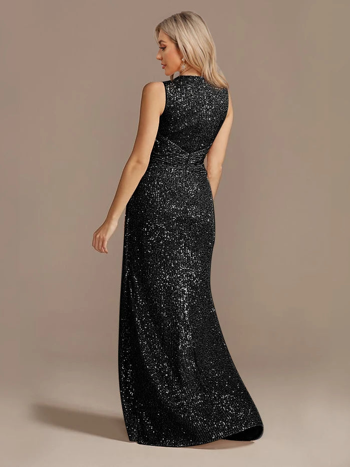 Robe longue luxe femme col V fendue soirée mariage sequins élégante cocktail gala 2024