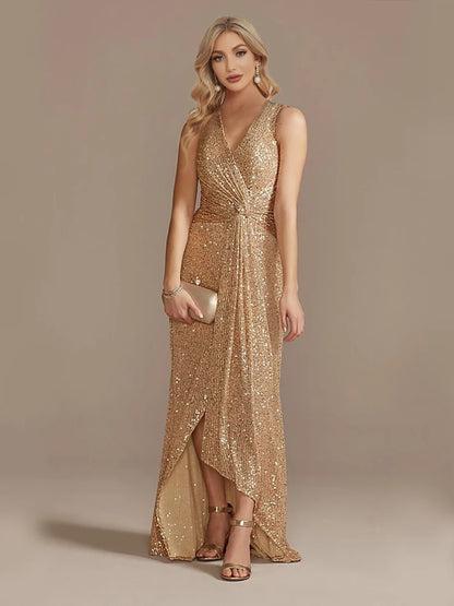 Robe longue luxe femme col V fendue soirée mariage sequins élégante cocktail gala 2024